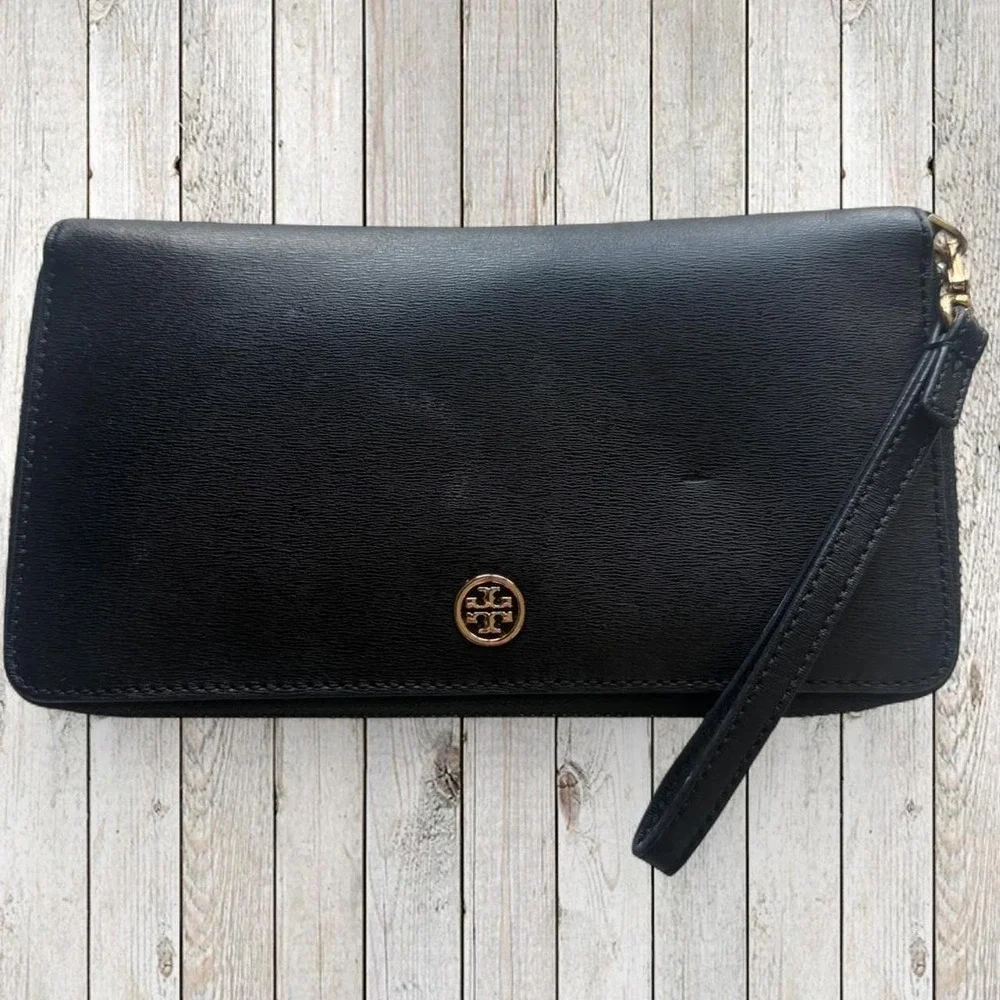 Tory Burch black leather zip-around continental wallet with gold hardware